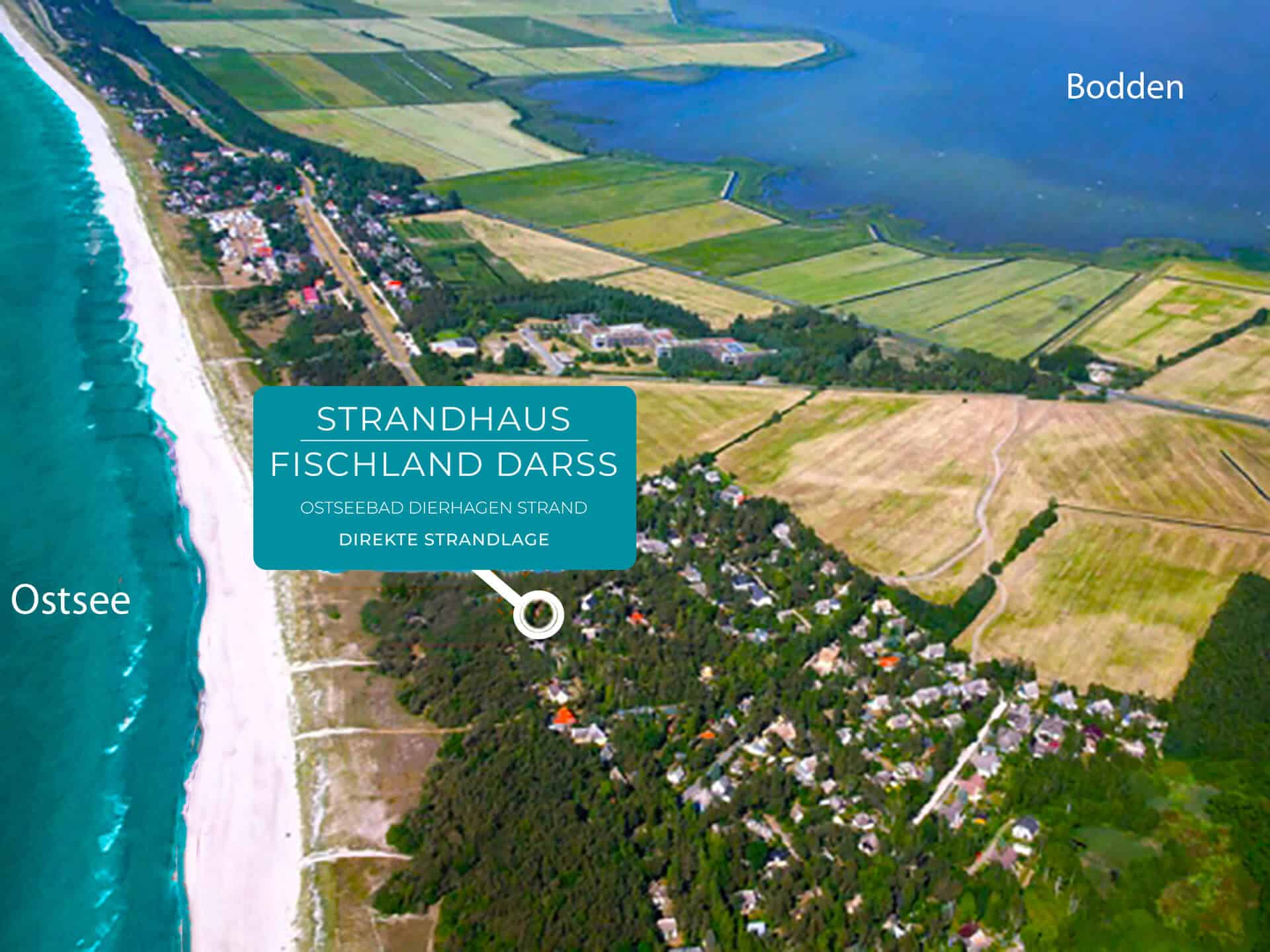 Luftbild von Dierhagen Strand mit Lage des Strandhauses Fischland Darss zwischen Ostsee und Bodden